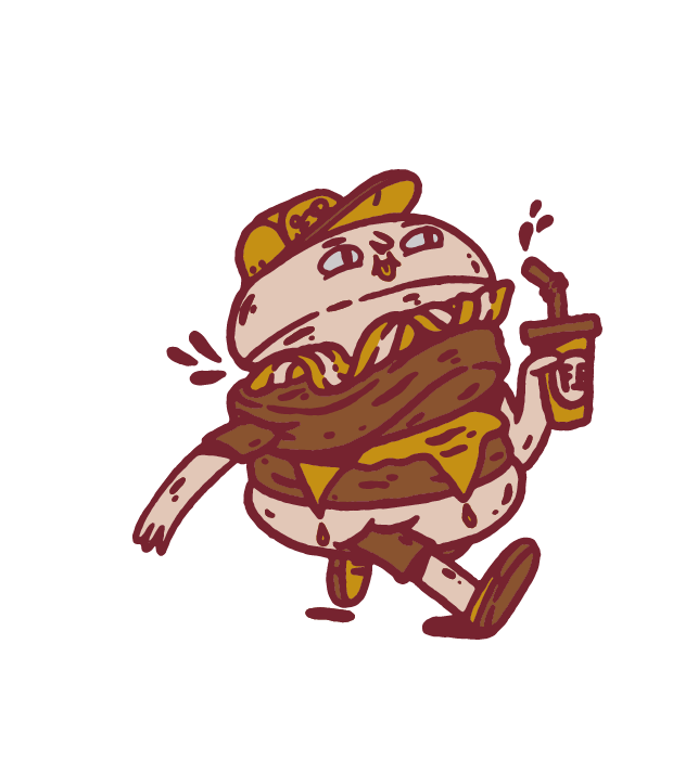 Personaje Fatburger caminando con una bebida